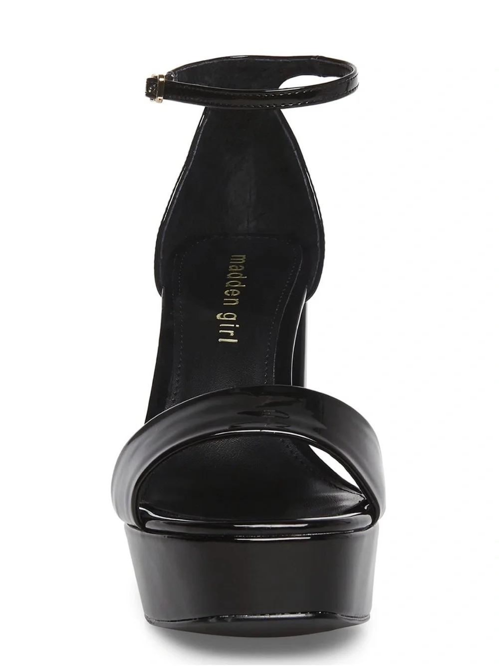 Madden Girl Black Patent Platform Block Heel Sandals with Ankle Strap